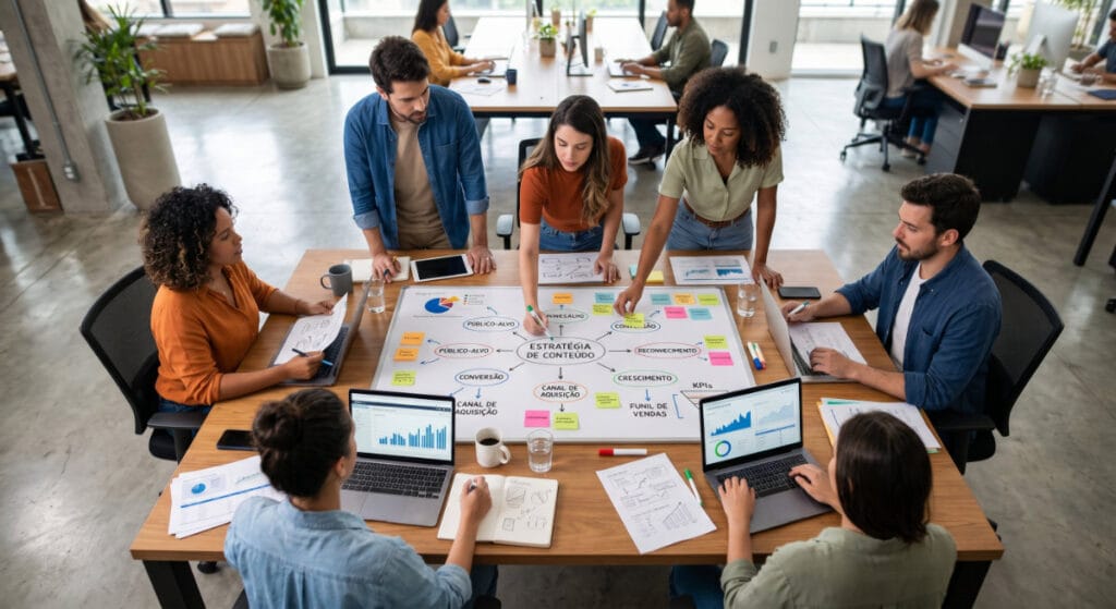 Plano de content marketing com email, vídeo, anúncios e gráfico de ROI em mesa de trabalho